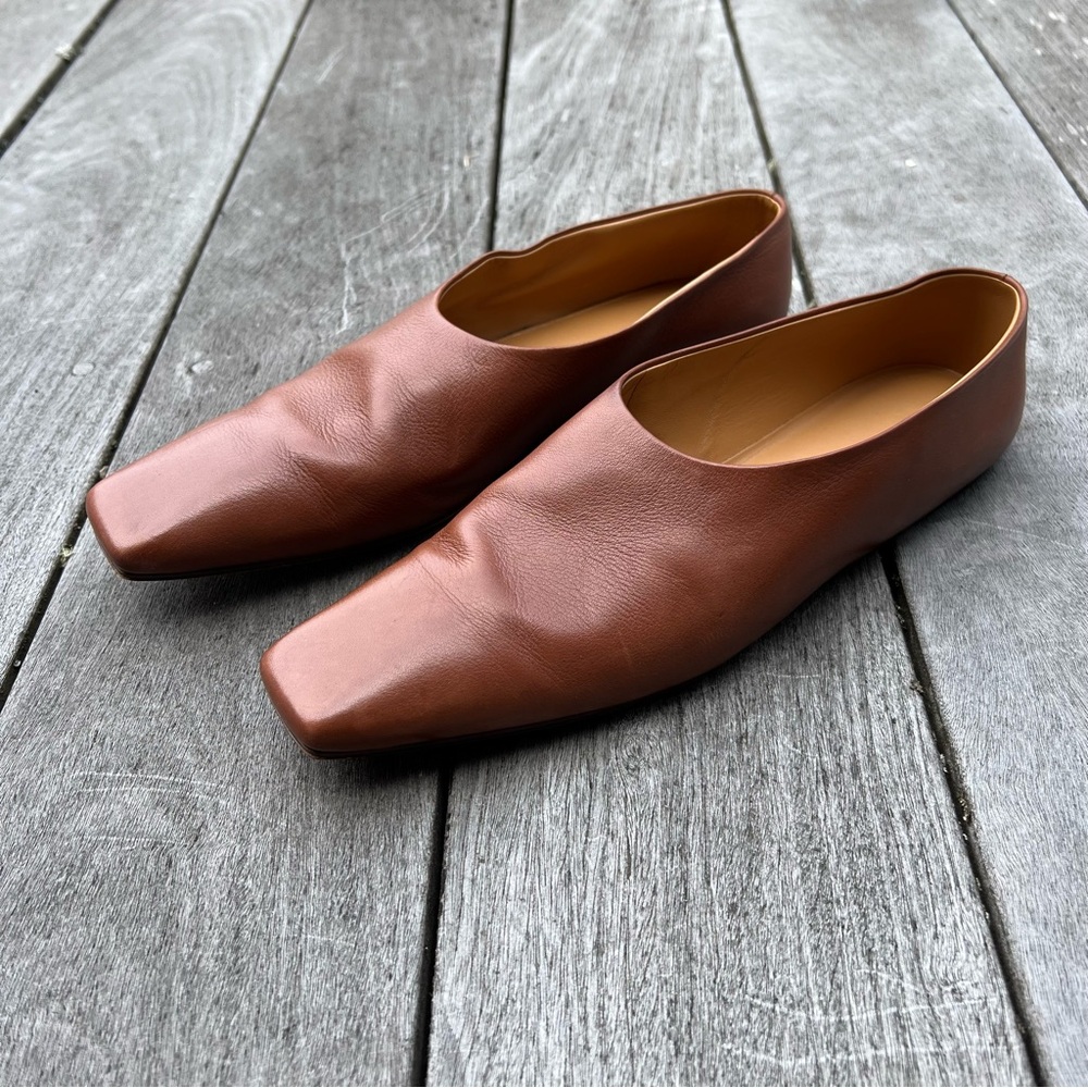The Row Saddle Leather Square Toe Pumps in Brown